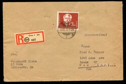 1950, Auslandsbrief Einschreiben 61-80g ( 50 + 3 X 30 + 60 R ) mit 2 ...