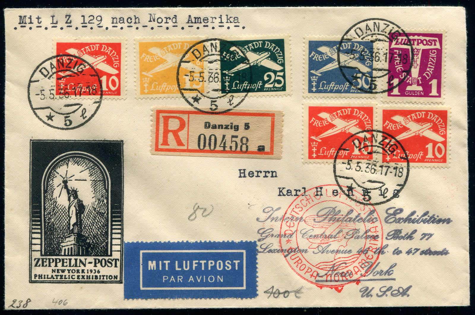 Lot 9795 - Zeppelin/Air Mail Zeppelin, Zeppelinpost LZ129, Nordamerikafahrten -  Auktionshaus Schlegel 26 Public Auction