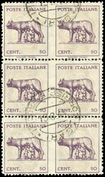 1944, 50 C. Wölfin violett, senkrechter Sechserblock, vertikal ...