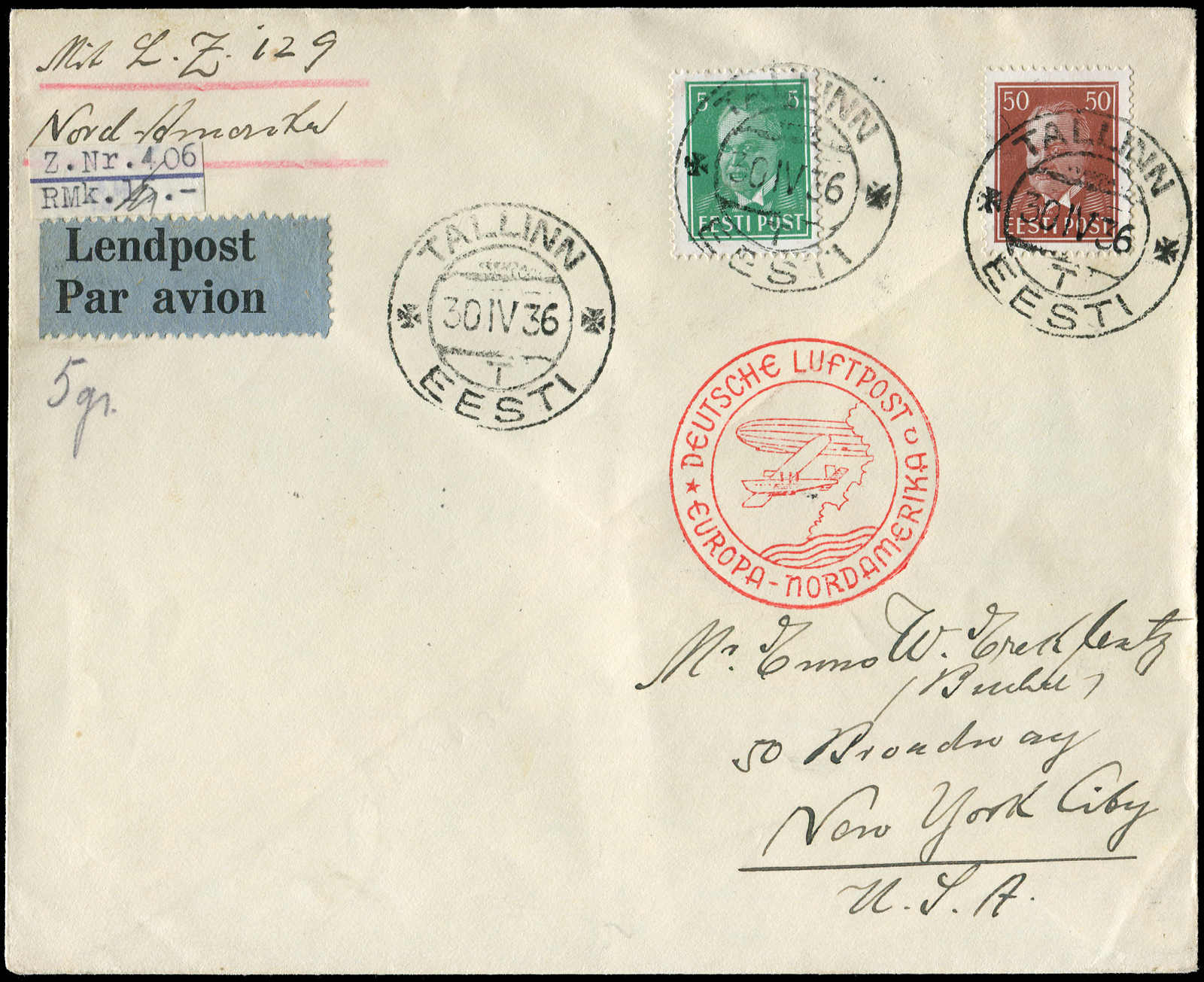Lot 9818 - Zeppelin/Air Mail Zeppelin, Zeppelinpost LZ129, Nordamerikafahrten -  Auktionshaus Schlegel 26 Public Auction