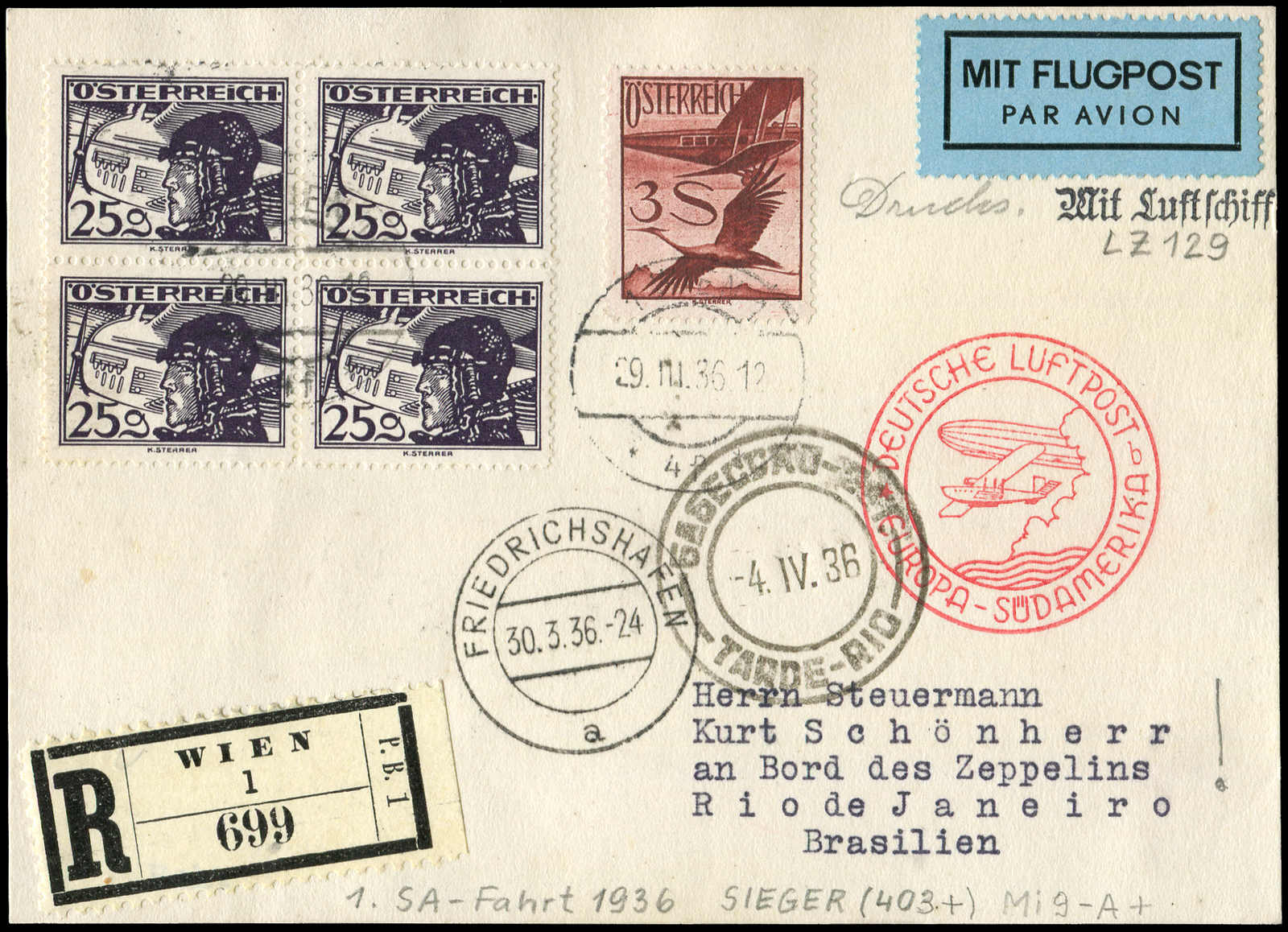 Lot 9847 - Zeppelin/Air Mail Zeppelin, Zeppelinpost LZ129, Südamerikafahrten -  Auktionshaus Schlegel 26 Public Auction