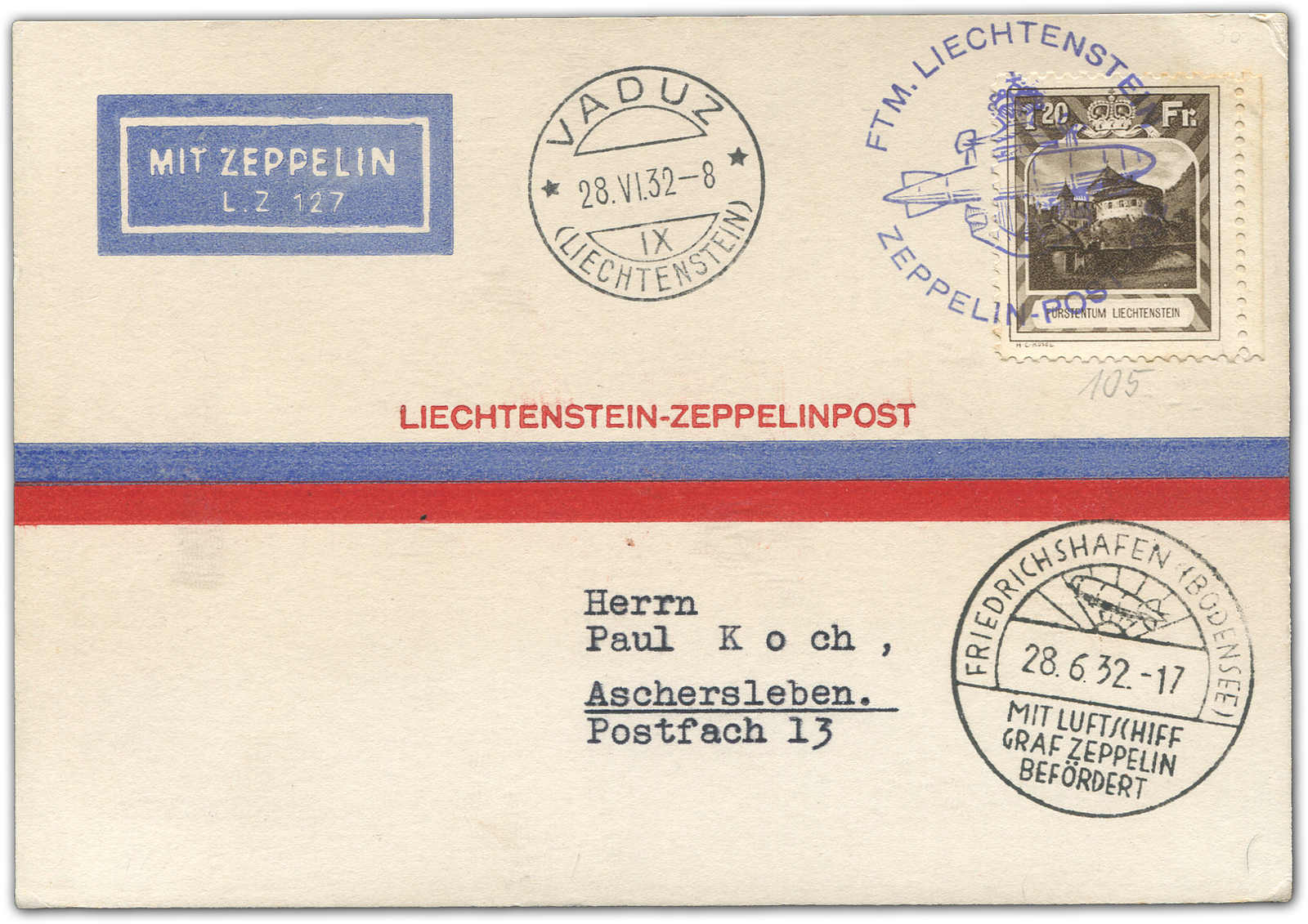 Lot 9611 - Zeppelin/Air Mail Zeppelin, Zeppelinpost LZ 127, Liechtensteinfahrten - Auktionshaus Schlegel 26 Public Auction Lot 9611 - Zeppelin/Air Mail Zeppelin, Zeppelinpost LZ 127, Liechtensteinfahrten - Auktionshaus Schlegel 26 Public Auction
