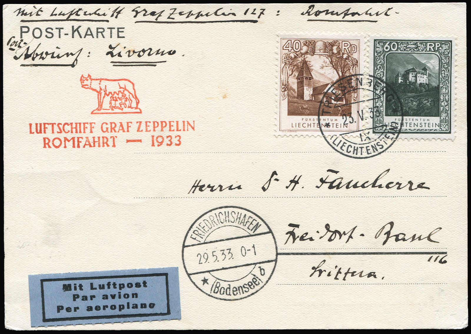 Lot 9581 - Zeppelin/Air Mail Zeppelin, Zeppelinpost LZ 127, Italyfahrten -  Auktionshaus Schlegel 26 Public Auction