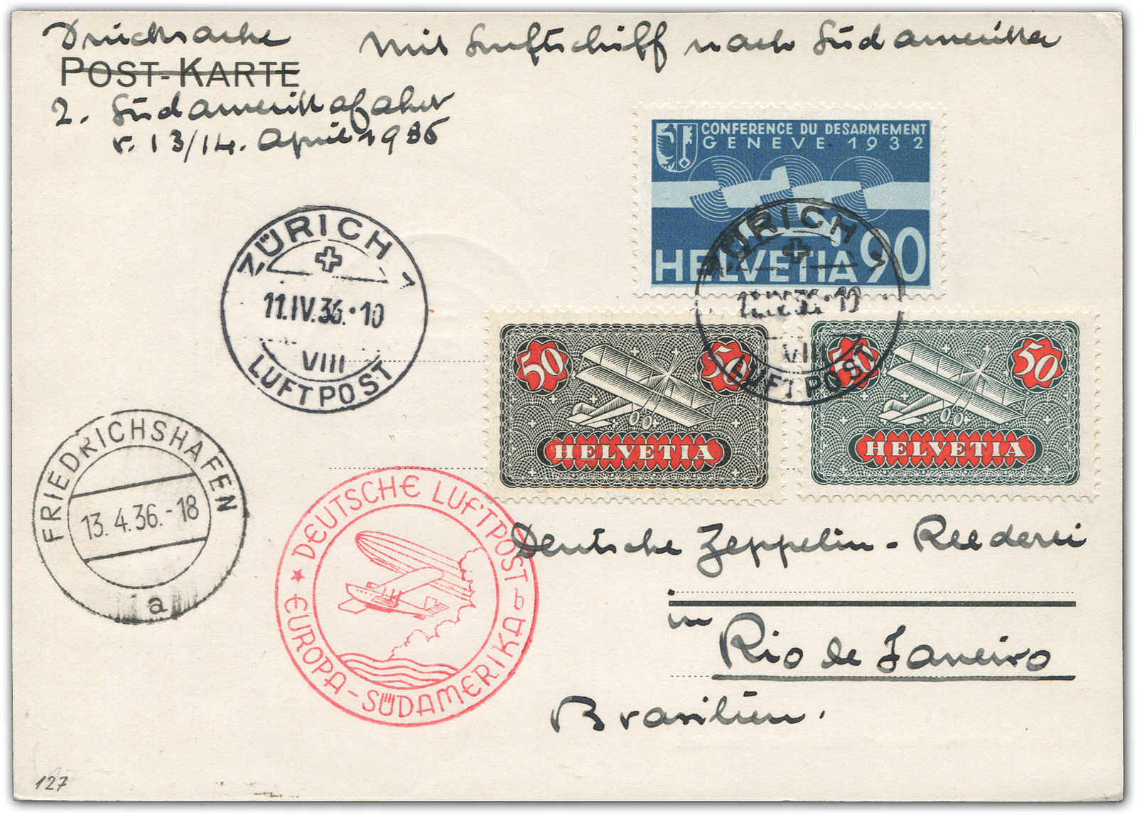 Lot 9498 - Zeppelin/Air Mail Zeppelin, Zeppelinpost LZ 127, Südamerikafahrten 1936 - Auktionshaus Schlegel 26 Public Auction Lot 9498 - Zeppelin/Air Mail Zeppelin, Zeppelinpost LZ 127, Südamerikafahrten 1936 - Auktionshaus Schlegel 26 Public Auction
