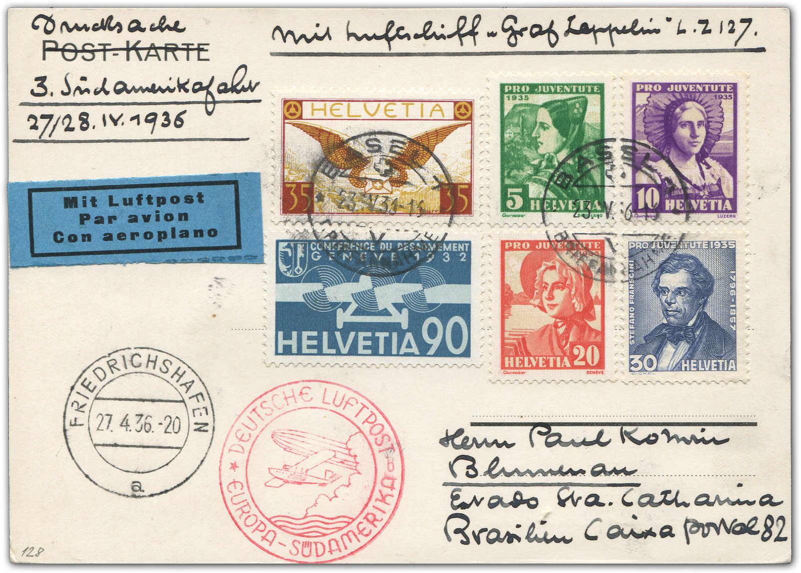 Lot 9499 - Zeppelin/Air Mail Zeppelin, Zeppelinpost LZ 127, Südamerikafahrten 1936 - Auktionshaus Schlegel 26 Public Auction Lot 9499 - Zeppelin/Air Mail Zeppelin, Zeppelinpost LZ 127, Südamerikafahrten 1936 - Auktionshaus Schlegel 26 Public Auction