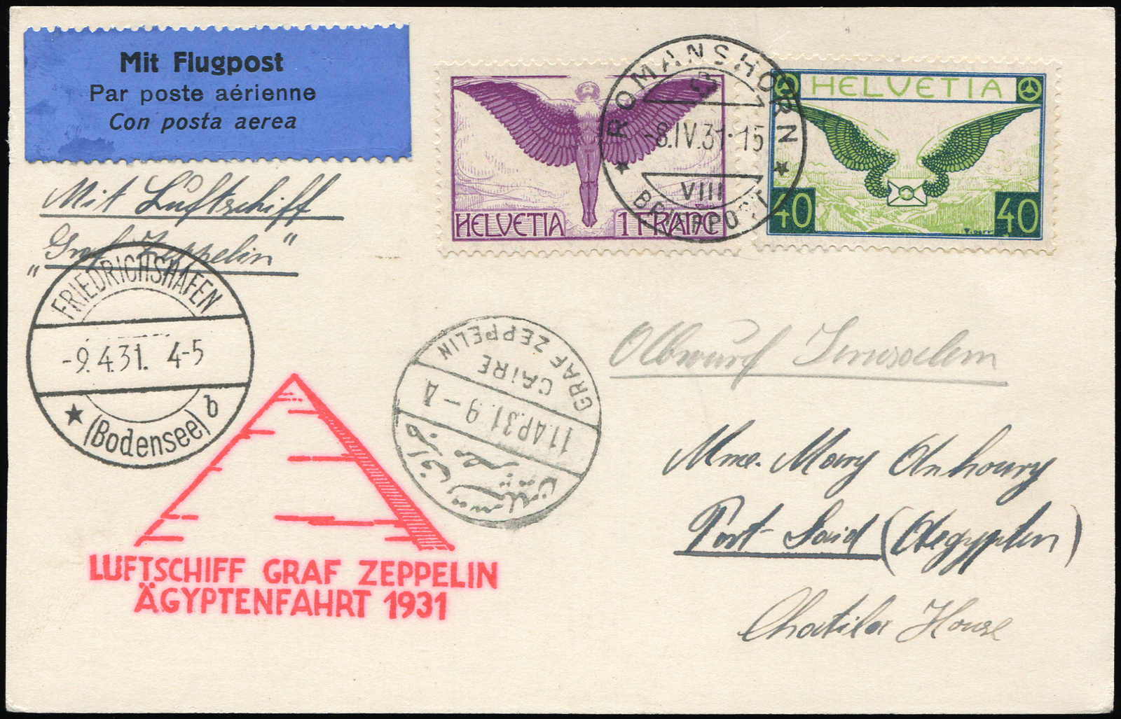 Lot 9533 - Zeppelin/Air Mail Zeppelin, Zeppelinpost LZ 127, Ägypten u. Orientfahrten -  Auktionshaus Schlegel 26 Public Auction