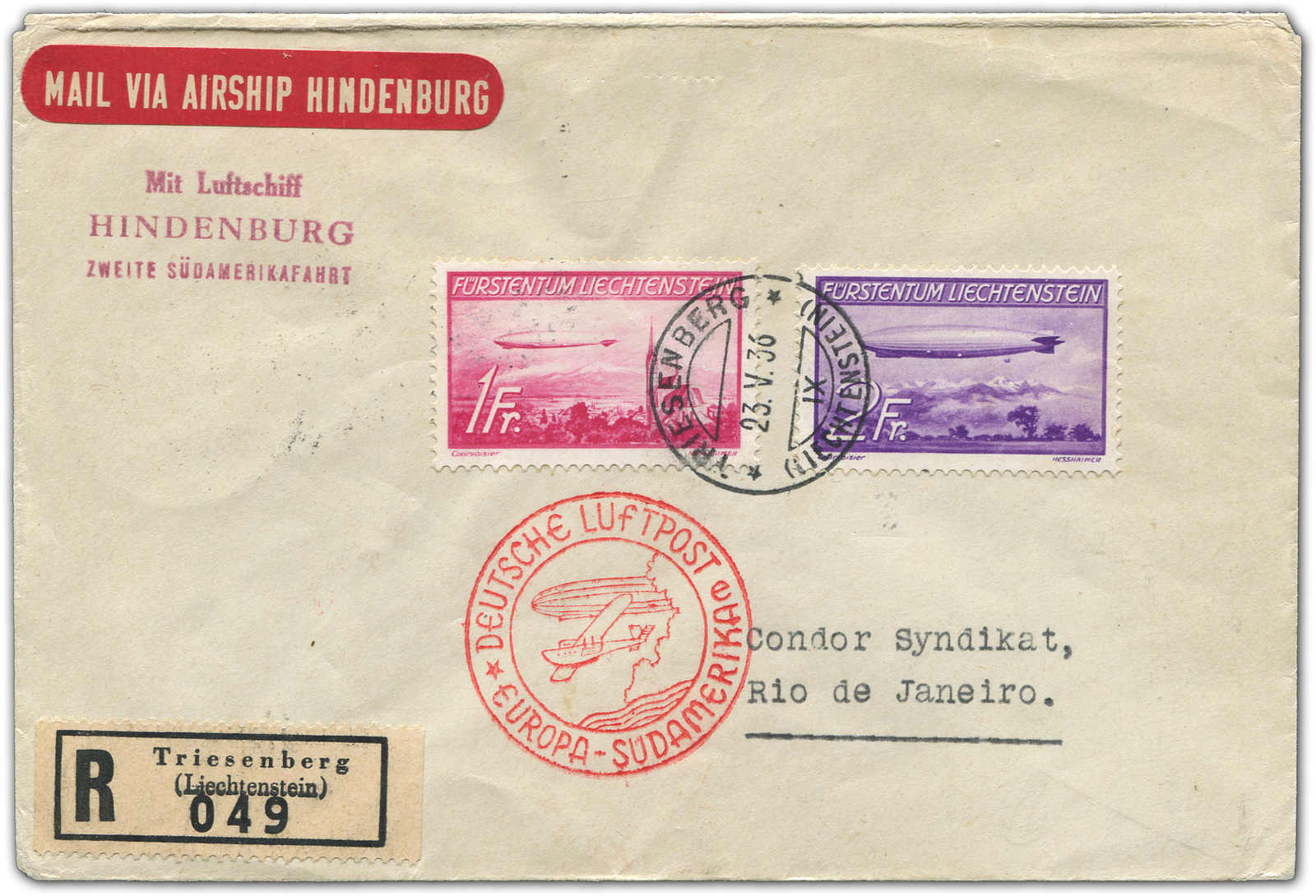 Lot 9838 - Zeppelin/Air Mail Zeppelin, Zeppelinpost LZ129, Südamerikafahrten -  Auktionshaus Schlegel 26 Public Auction