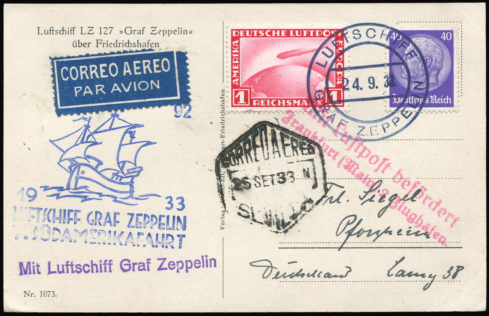 Lot 9355 - Zeppelin/Air Mail Zeppelin, Zeppelinpost LZ 127, Südamerikafahrten 1933 - Auktionshaus Schlegel 26 Public Auction Lot 9355 - Zeppelin/Air Mail Zeppelin, Zeppelinpost LZ 127, Südamerikafahrten 1933 - Auktionshaus Schlegel 26 Public Auction