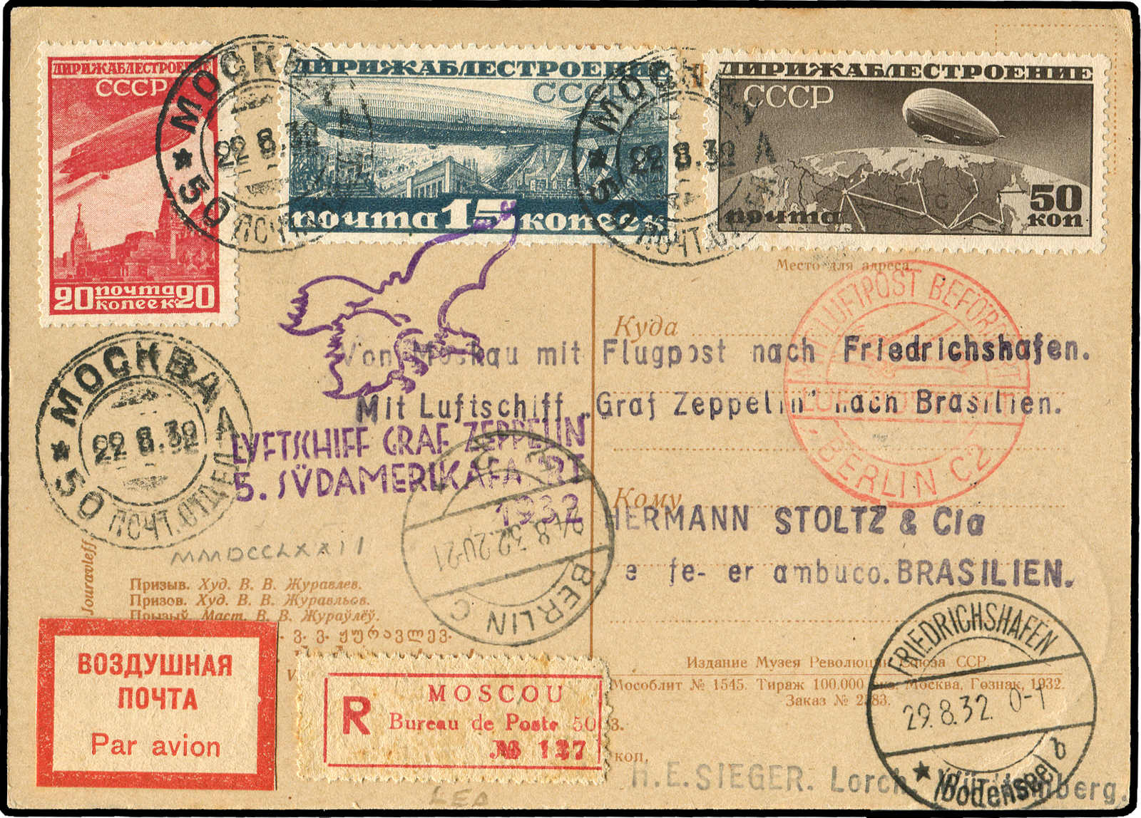 Lot 9253 - Zeppelin/Air Mail Zeppelin, Zeppelinpost LZ 127, Südamerikafahrten 1932 -  Auktionshaus Schlegel 26 Public Auction