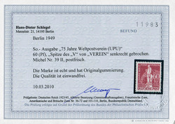 1949, 60 Pfg. Stephan mit dem Plattenfehler II "Spitze des V von ...