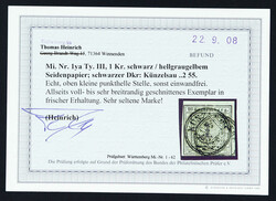 1851, 1 Kr. schwarz auf hellgraugelbem Seidenpapier, Type III, ...