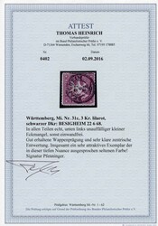 1865, 3 Kr. Wappen in der äußerst seltenen Farbnuance Dunkellilarot ...