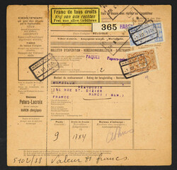 1926, 2 Paketkarten ab HAREN nach Frankreich mit Eisenbahnpaketmarken ...