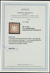 1863, 3 Kr. Wappen dunkelkarmin, ungebraucht mit Gummiresten, schöne ...