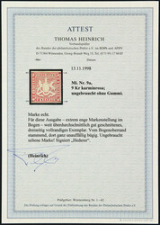 1857, 9 Kr. Wappen karminrosa, ungebraucht ohne Gummierung, weit ...