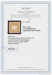 1865, 9 Kr. hellgelbbraun ungebraucht ohne Gummierung, gut ...