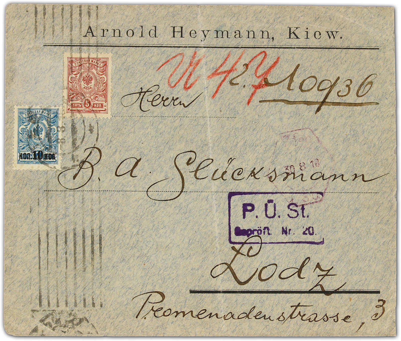 1918, Brief ab Kiew mit 5 und 10 Kop. (eine Marke abgefallen) Masch ...