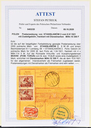 1921, 5 M. poln. Ulan, 4 Werte vorder- und rückseitig verklebt auf ...