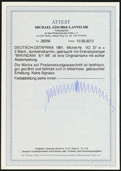 1891, 2 M. Innendienst dunkelrotkarmin, entwertet "MIKINDANI 6/1 98" ...