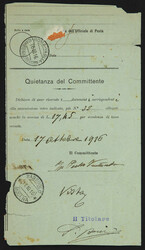 1916, "Servizio Commissioni", Postformular frankiert mit 30 C. ...