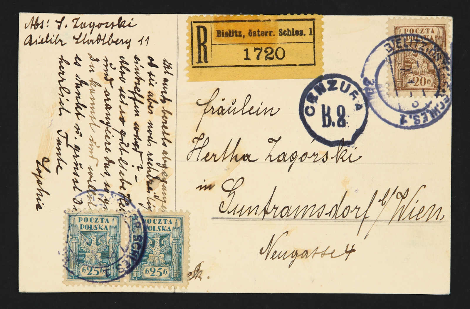 1919, Zensurkarte aus Bielsko-Biała vom Dezember 1919 mit einem ...