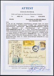 1919, Zensurkarte aus Bielsko-Biała vom Dezember 1919 mit einem ...