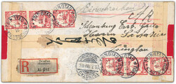 1905, 4 C. Kaiseryacht karminrot, 6 Werte (2 senkr. 3er-Streifen) als ...