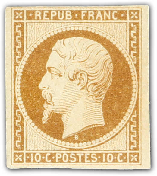 1852, 10 C. Napoleon gelbbraun ungebraucht, farbfrische Marke mit ...