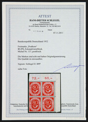 1952, 80 Pfg. Posthorn, postfrischer Viererblock aus der rechten ...