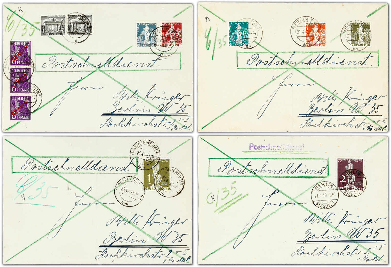 1949, 12 Pfg. - 2 DM Stephan, komplette Serie verteilt auf vier ...