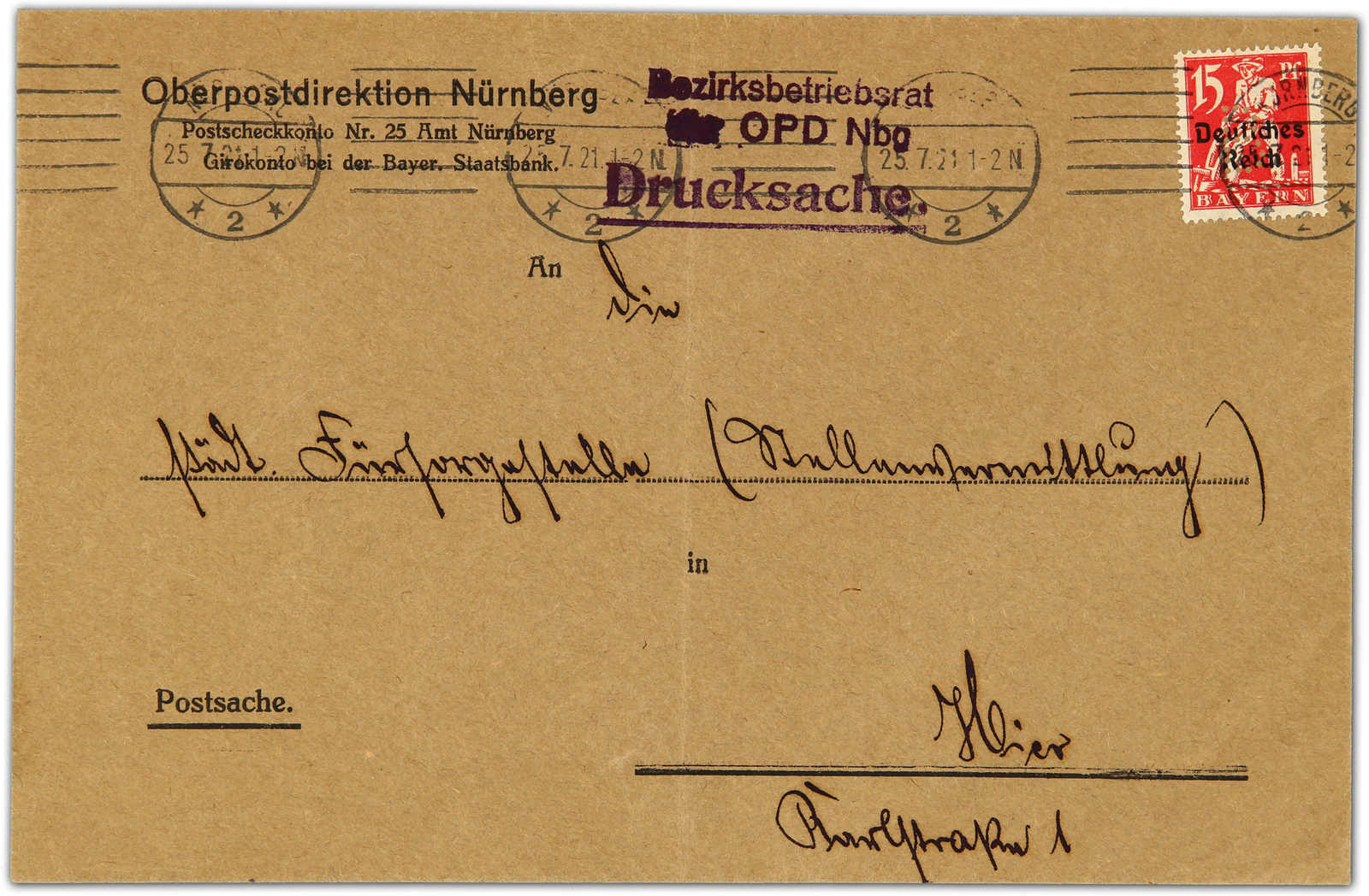 1921, 15 Pfg. Abschied mit Aufdruck und "B"-Lochung für Beamtenräte ...