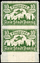 1923, 10 M. Flugpost als senkrechtes Unterrandpaar, obere Marke ...