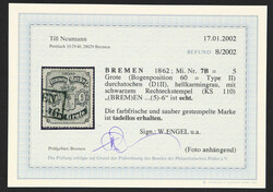 1862, 5 Gr. schwarz auf hellkarmingrau, Durchstich D 1 II, sauber ...