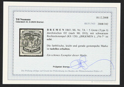 1865, 5 Gr. schwarz auf mattgraubraun, Durchstich D 1 I, sauber ...