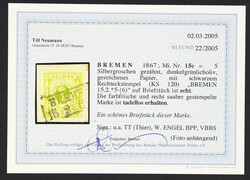 1867, 5 Sgr. dunkelgrünlicholiv auf gestrichenem Papier, klar ...