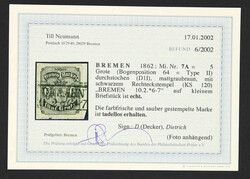 1862, 5 Gr. schwarz auf mattgraubraun, Durchstich D 1 I, gestempelt ...