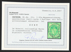 1851/63, 3 Pfg. (lebhaft)smaragdgrün, 1. Auflage, entwertet mit ...