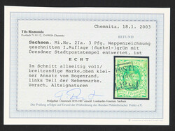 1851/63, 3 Pfg. dunkelgrün, 1. Auflage, entwertet mit Dresdner ...