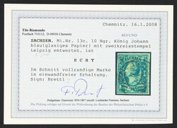 1861, 10 Ngr. blau auf glasigem Papier, voll- bis breitrandig mit ...