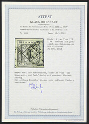 1851, 1 Kr. schwarz auf graustichigem Seidenpapier, Type III, ...