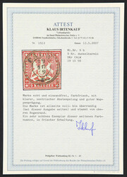 1857, 9 Kr. dunkelkarmin, voll- bis überrandig vom oberen Bogenrand, ...