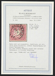 1865, 3 Kr. lilarot, klar entwertet "HEILBRONN 2 NOV. 1867", schöne ...