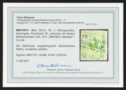 1864, 5 Sgr. Freimarke dunkelgrün, Ra2 "BREMEN Bahnhof.", ...