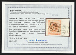 1867, 2 Gr. Freimarke dunkelgelblichorange, auf Briefstück mit Ra2 ...