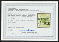 1859, 5 Sgr. Freimarke dunkelolivgrün mit Ra2 "BREMEN ....5", ...