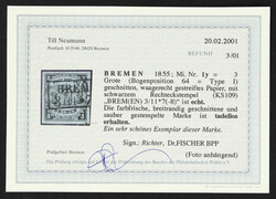 1855, 3 Gr. Freimarke schwarz auf blaugrauem waagerecht gestreiften ...