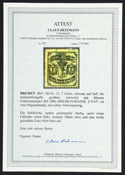 1867, 7 Gr. schwarz auf hell- bis mittelrötlichgelb mit blauem Ekr. ...