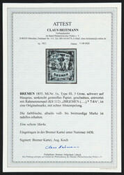 1855, 3 Gr. schwarz auf blaugrauem senkrecht gestreiften Papier in ...