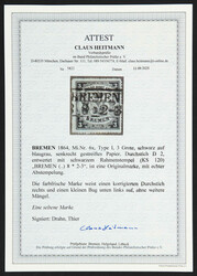 1864, 3 Gr. schwarz auf blaugrauem senkrecht gestreiften Papier, Ra2 ...