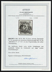 1863, 10 Gr. schwarz mit dem Durchstich D 1 II, Ra2 "BREMEN 27 4 * ...